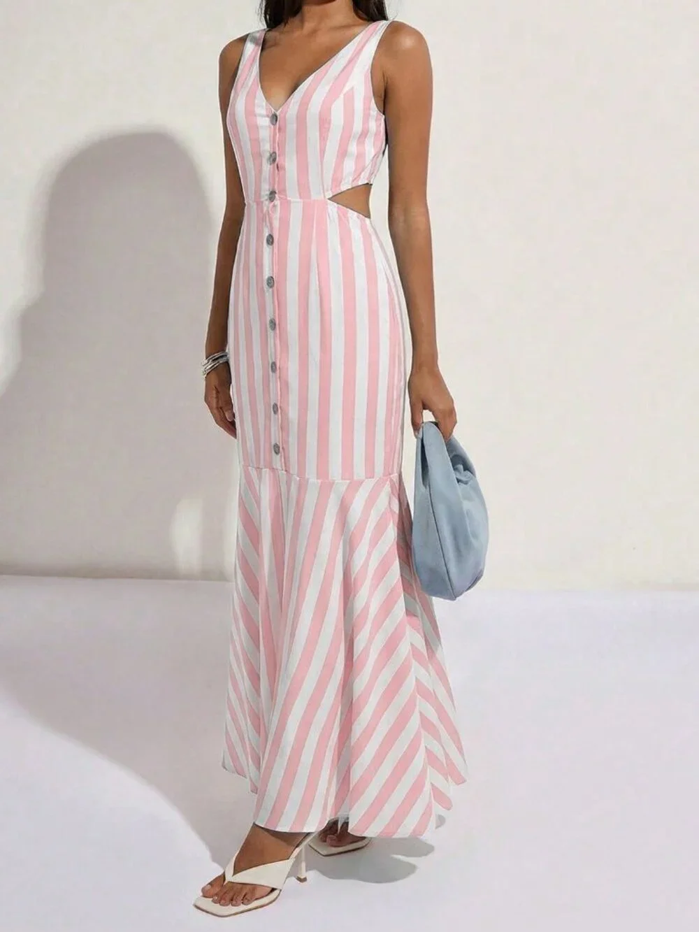 Pink Elegant Women's Fishtail Dress with V-Neck Waist Backless